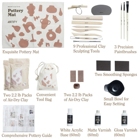 Air Dry Clay Kit For Adults With Complete Tool Set For Home Pottery Craft, Easy For Beginners To Pros, Ideal Date Night And Family Activity Gift, shown with pottery mat, sculpting tools, paintbrushes, air-dry clay, and accessories.