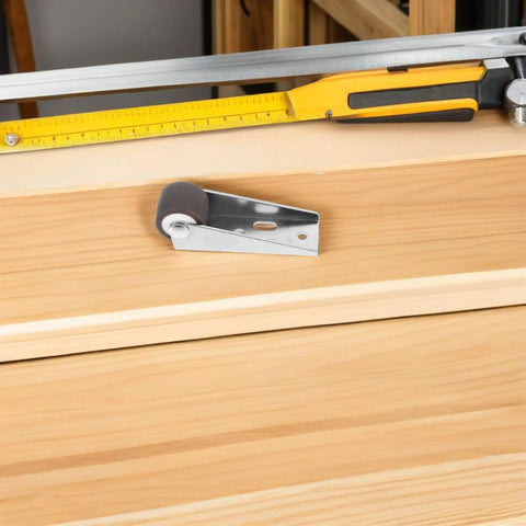 Heavy Duty Sliding Door Rollers Kit With Smooth Tpe Rubber Barn Door Wheels side mount caster bracket on wood surface.