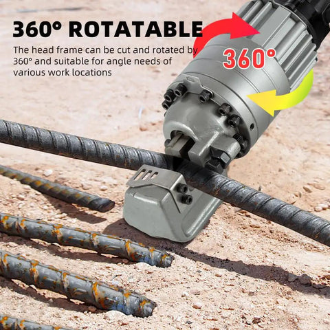 Heavy Duty Cordless Rebar Bender And Cutter With 360 Degree Rotation Portable Handheld Electric Hydraulic Tool For Cutting Rebar From 3/20 Inch To 7/8 Inch Comes With 18v Lithium Ion Batteries Included For Easy Job Site Use, cutting rebar with 360 degree rotatable tool.