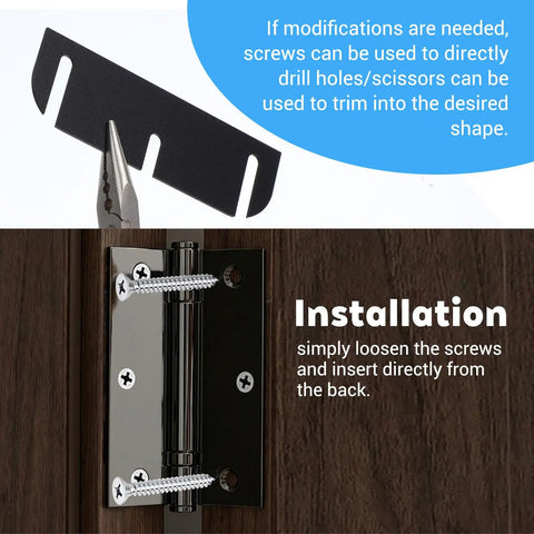 Close-up of 10 Pack 3.5 Inch Door Hinge Shims for Interior Doors Easy Gap Filler And Alignment Spacers showing scissor trimming and hinge installation.