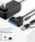 Fast SATA To USB 3.0 And USB C External Drive Adapter For 3.5 And 2.5 Inch SSD HDD Reader With Plug And Play Data Transfer And 12V 2A Power Adapter For Easy Backup And On The Go Recovery, black plastic