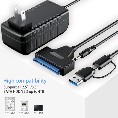 Fast SATA To USB 3.0 And USB C External Drive Adapter For 3.5 And 2.5 Inch SSD HDD Reader With Plug And Play Data Transfer And 12V 2A Power Adapter For Easy Backup And On The Go Recovery, black plastic