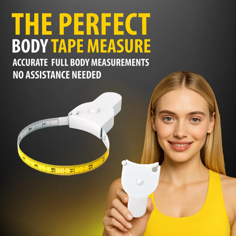 80 Inch Automatic Telescopic Body Measuring Tape With Dual Color Yellow Side For Easy Circumference Readings next to a smiling woman