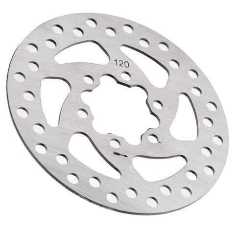 Rugged 120mm Stainless Steel Brake Disc Rotor Pad For Electric Scooters And Skateboards Replacement Parts With Stable, Smooth Braking, Durable Long Lasting Performance, 34mm Inner Diameter Fits Vehicles And Scooters, displaying front view with ventilation holes.