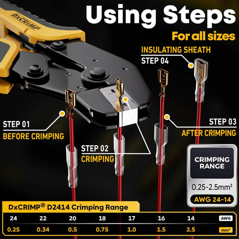 Steps of using crimping tool kit with 14 type open spade and quick disconnect connector set, showing crimping process and range.