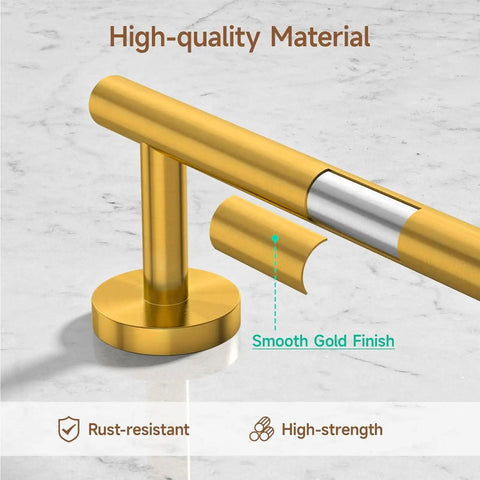 Close-up of Brushed Gold 4 Piece Bathroom Hardware Set with wall-mounted towel bar, SUS304 stainless steel material detail.