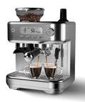 High End Semi Automatic Espresso Maker With Built-In Conical Burr Grinder, 15 Bar Pressure, slim profile, 77 oz tank making espresso.