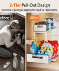 Sleek Two Tier Pull Out Under Sink Organizer For Kitchen Cabinets, ultra smooth glide storage rack holding cleaning supplies.