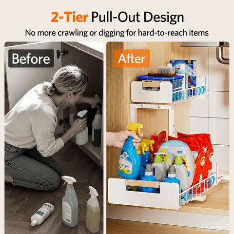Sleek Two Tier Pull Out Under Sink Organizer For Kitchen Cabinets, ultra smooth glide storage rack holding cleaning supplies.
