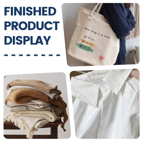 Display of a tote bag with text, folded textured blankets in neutral tones, and a close-up of a white shirt collar.