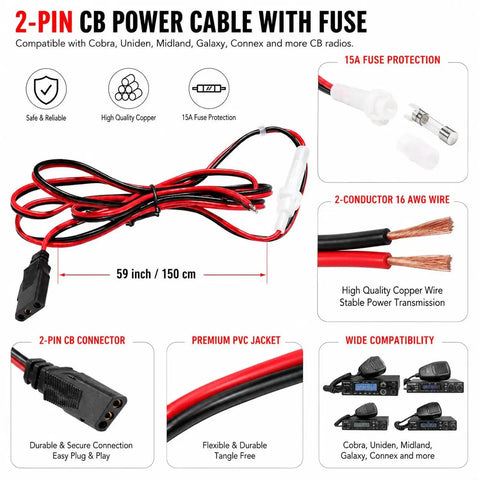 In Vehicle CB Radio Power Cord With 3 Pin Plug 2 Wire 16 AWG Fused Cable 15 Amp Auto Fuse White Color One Point Five Meter Reach Easy Plug In For Most CB Radios And Ham Radios showing features