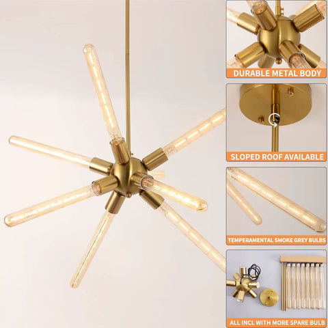 Sputnik Style Gold Flush Mount Chandelier With Eight E26 LED Tube Bulbs Includes Nine Bulbs Total Adjustable Height