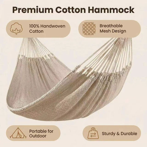 Two Person Hammock 79 By 59 Inches Cotton Rope Outdoor Camping Hammock With 550 Lb Weight Capacity, handwoven details.