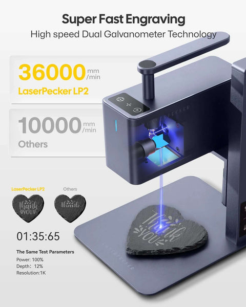 Front view of LaserPecker LP2 laser engraver with handheld arm and rotary roller engraving a heart-shaped stone.