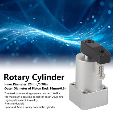 Compact metal rotary air pneumatic cylinder with 90 degree angle for compound action, industrial unit, ACK25-90R, on blue background.