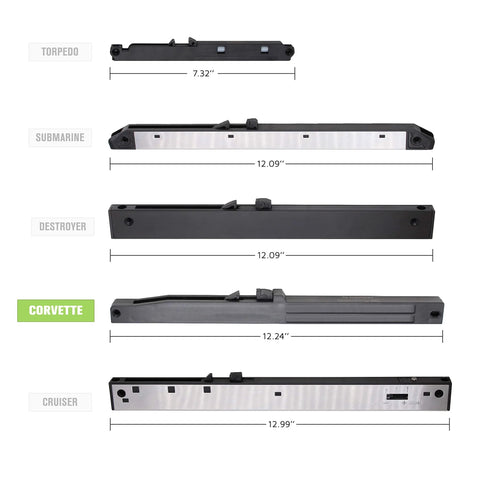 Side view of various components in the Two Pack Soft Close Barn Door Hardware Kit With Spring Buffer Damper Hole Free Design.