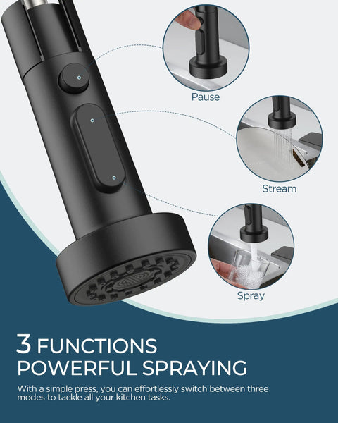 Slick Black Kitchen Faucet With Built In Soap Dispenser Serves Up A Smooth Pull Down Sprayer In Three Easy Modes Made From Solid Lead Free Stainless Steel For Absolutely Zero Drip Drama On Your Daily Kitchen Hustle features 3 function sprayer with pause, stream, and spray settings.
