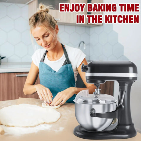 Woman using Pouring Shield Splash Guard for 6-7 Qt Tilt-Head Stand Mixer with stainless steel bowl in kitchen