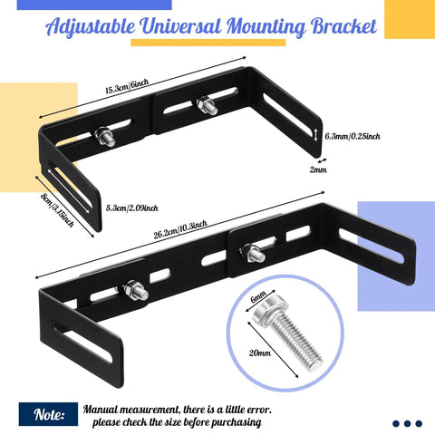 Adjustable Universal Mounting Bracket For CB And Ham Radios And Scanners, 6 To 10 Inch Width, with bolts shown, black metal