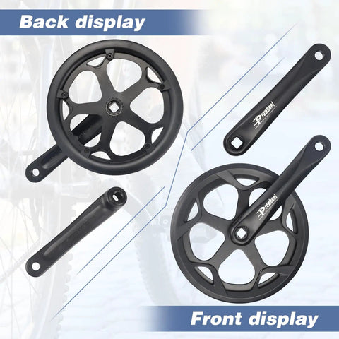 Front and back display of 48T Steel Chainring Crankset With Double Chain Cover And 170mm Aluminum Arms for bikes.