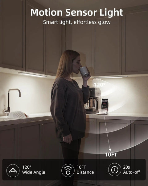 Woman in kitchen with under cabinet lighting with 2200mAh rechargeable battery, 76 LED dimmable closet lights, motion sensor night light. 