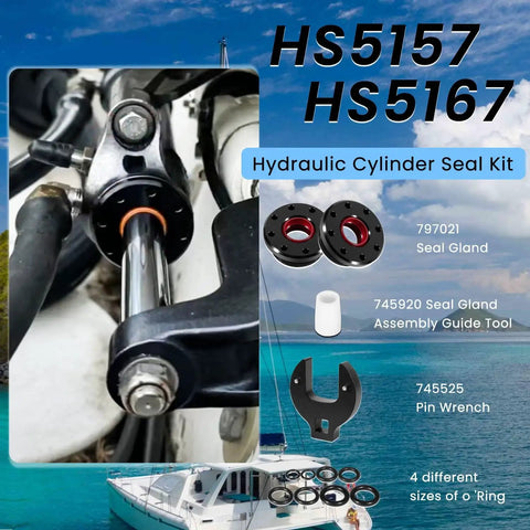 Hydraulic Steering Cylinder Seal Kit With Pin Wrench For Seastar Front Mount Marine Steering Systems shown on a boat