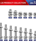 Beefy 1/4-20 Hex Head Bolt Kit With Nuts, Flat And Lock Washers, 20 Pcs, 304 Stainless Steel, Fully Threaded, Multiple Lengths Displayed