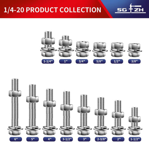 Beefy 1/4-20 Hex Head Bolt Kit With Nuts, Flat And Lock Washers, 20 Pcs, 304 Stainless Steel, Fully Threaded, Multiple Lengths Displayed