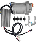 Universal A C Electric Compressor 20Cc Per Stroke 12 Volt Auto Truck Bus Air Conditioning R134a kit with wiring harness and components.