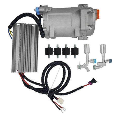 Universal A C Electric Compressor 20Cc Per Stroke 12 Volt Auto Truck Bus Air Conditioning R134a kit with wiring harness and components.