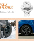 Five Piece Silver Steel Car Wheel Lug Nuts Set For Universal Tire And Rim Replacement Premium Rust Resistant Finish Bulletproof Hold No Drama Swap For Daily Drivers close-up of a lug nut with black wheel and tire on a vehicle in snow and a blue car with alloy wheel