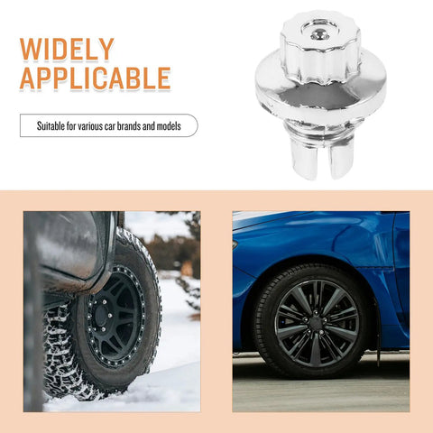Five Piece Silver Steel Car Wheel Lug Nuts Set For Universal Tire And Rim Replacement Premium Rust Resistant Finish Bulletproof Hold No Drama Swap For Daily Drivers close-up of a lug nut with black wheel and tire on a vehicle in snow and a blue car with alloy wheel