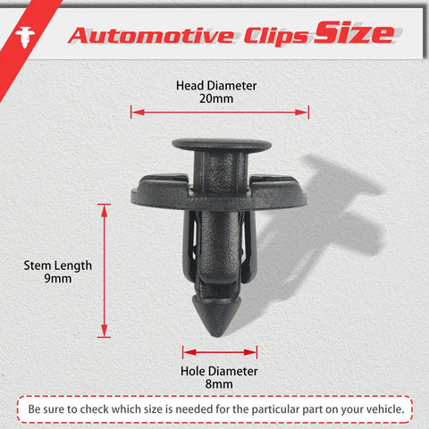 100Pcs Push Type Retainer Bumper Clips 8mm Hole Size 9mm Stem 20mm Head Fender Liner Clips for Nissan and Chrysler