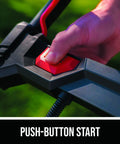 Close-up of push-button start on Push Lawn Mower Kit With Pwr Core 40 Brushless 40V 20-Inch Cordless Power 6.0Ah Battery.