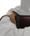 Adjustable Rifle And Shotgun Shoulder Shield With Leather Recoil Pad For Hunting And Archery, right shoulder view, brown suede
