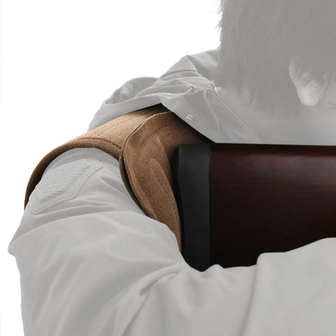 Adjustable Rifle And Shotgun Shoulder Shield With Leather Recoil Pad For Hunting And Archery, right shoulder view, brown suede