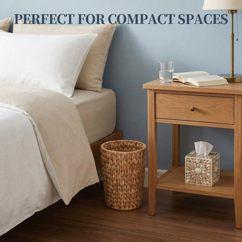 Hella Stylish Water Hyacinth Wicker Trash Can Featuring A Rad Boho Design For Small Bathrooms And Bedrooms Compact Round Waste Bin Ideal For A Chill Home Office Setup