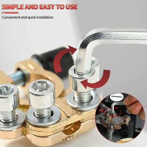 Close-up of Four Way Battery Terminal Connectors Set With Pure Brass Post Clips 1 Pair Quick Release Car Marine Main Cable Terminals.