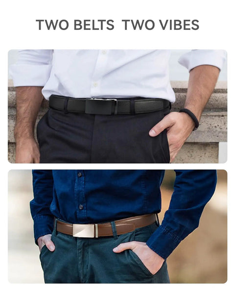 Men's Leather Ratchet Belt 2 Pack With Adjustable Fit And Removable Buckle 35mm Wide for dress and casual looks.