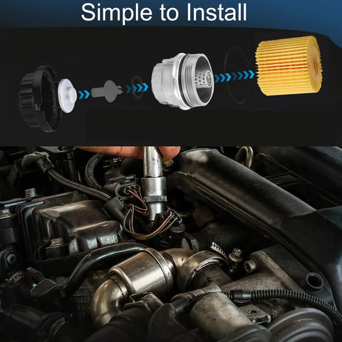 Toyota Oil Filter Housing Cap Assembly Fits Camry RAV4 Highlander Tundra 4Runner Tacoma Sienna Venza Avalon FJ Cruiser Replaces 1562031060 Direct Fit Cap with installation diagram in engine bay.