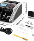 Money Counter Machine With Value Count And Fake Bill Detection displayed with accessories, dimensions, and manual.