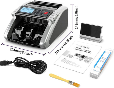 Money Counter Machine With Value Count And Fake Bill Detection displayed with accessories, dimensions, and manual.