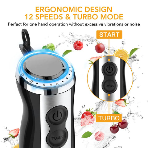 No Sweat 5 In 1 Handheld Blender Featuring 800W Copper Motor And 12 Speed Turbo Mode ergonomic control panel with speed settings.