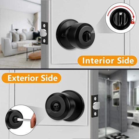 15 Pack Keyless Matte Black Door Knobs With Privacy Interior Lock For Bedroom And Bathroom Doors, interior and exterior view
