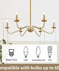 Six-Light Brushed Brass Chandelier For Dining Room, 35-Inch Wide Over Table Fixture, Sloped Ceiling Compatible Modern Pendant Light