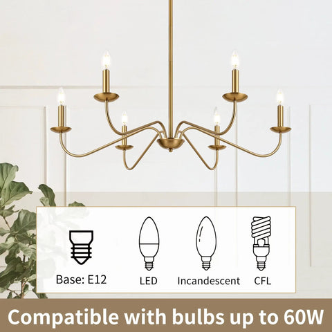 Six-Light Brushed Brass Chandelier For Dining Room, 35-Inch Wide Over Table Fixture, Sloped Ceiling Compatible Modern Pendant Light