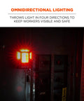 Skullerz 8993 Hard Hat Safety Light with Magnetic Mount four-direction beacon illuminating a dark worksite.