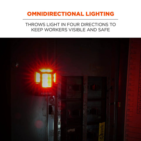 Skullerz 8993 Hard Hat Safety Light with Magnetic Mount four-direction beacon illuminating a dark worksite.