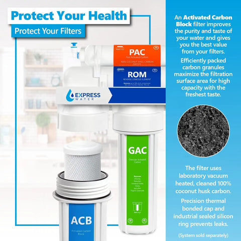 10 Pack Activated Carbon Block Water Filter Replacement For Under Sink And Reverse Osmosis Systems 5 Micron 10 Inch Filter keeps water fresh and impurities down, shown with packaging.