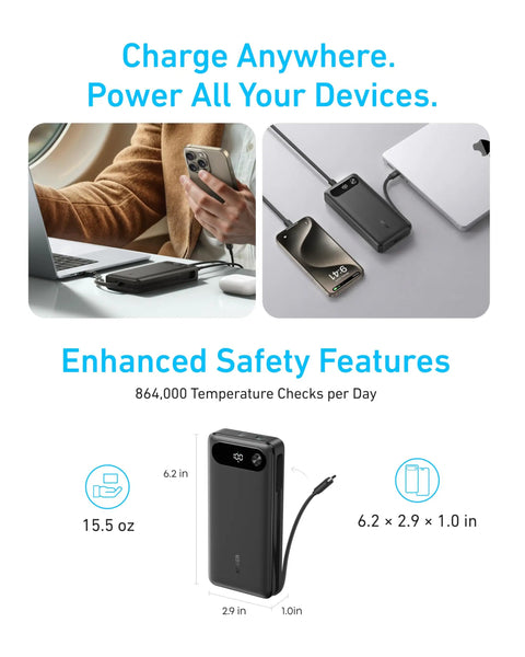 Hella Reliable Portable Charger And 20000 Mah Power Bank With Built In Usb C Cable in use, charging devices on an airplane.